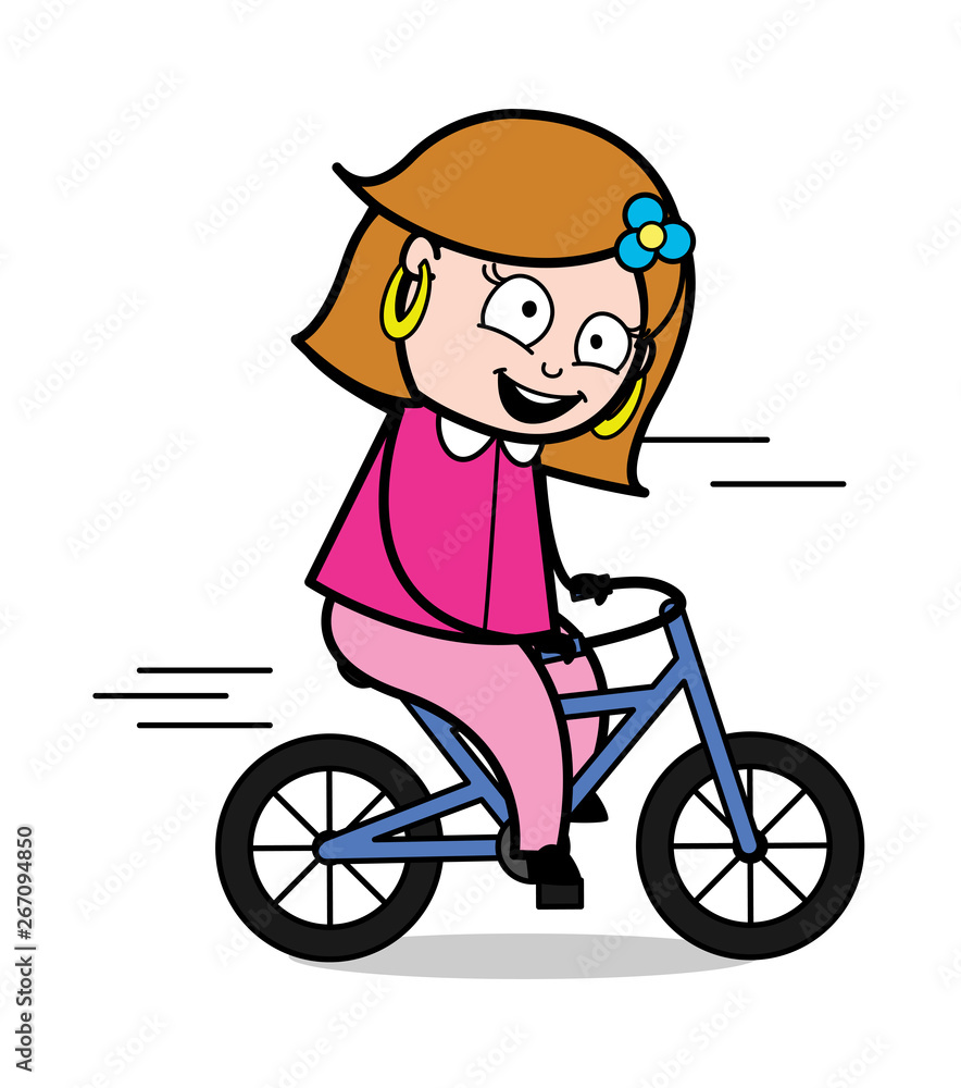 Cycling - Retro Cartoon Female Housewife Mom Vector Illustration Cycling - Retro Cartoon Female Housewife Mom Vector Illustration