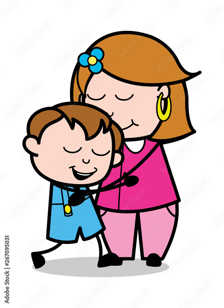 Mother Hugging Her Son - Retro Cartoon Female Housewife Mom Vector Illustration Mother Hugging Her Son - Retro Cartoon Female Housewife Mom Vector Illustration