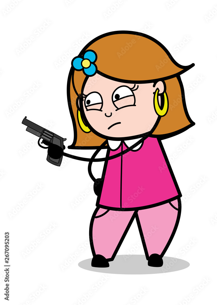 Pointing with Gun - Retro Cartoon Female Housewife Mom Vector Illustration