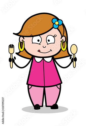 Showing Spoons - Retro Cartoon Female Housewife Mom Vector Illustration