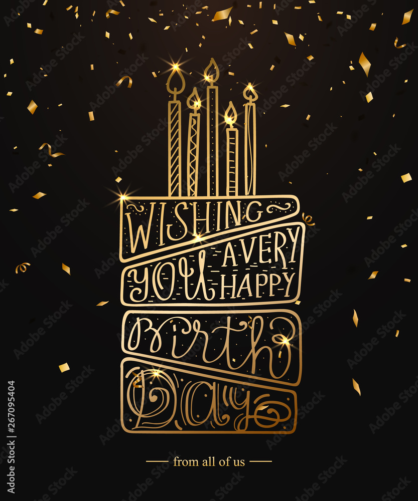 Happy Birthday greeting card design with gold lettering text and confetti.  Vector birthday cake with candles on black background Stock Vector | Adobe  Stock