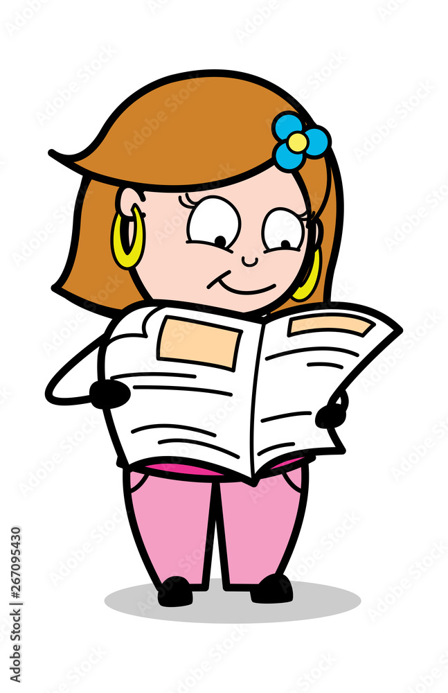 Reading Newspaper - Retro Cartoon Female Housewife Mom Vector Illustration Reading Newspaper - Retro Cartoon Female Housewife Mom Vector Illustration