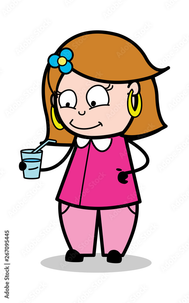Drinking Juice - Retro Cartoon Female Housewife Mom Vector Illustration Drinking Juice - Retro Cartoon Female Housewife Mom Vector Illustration