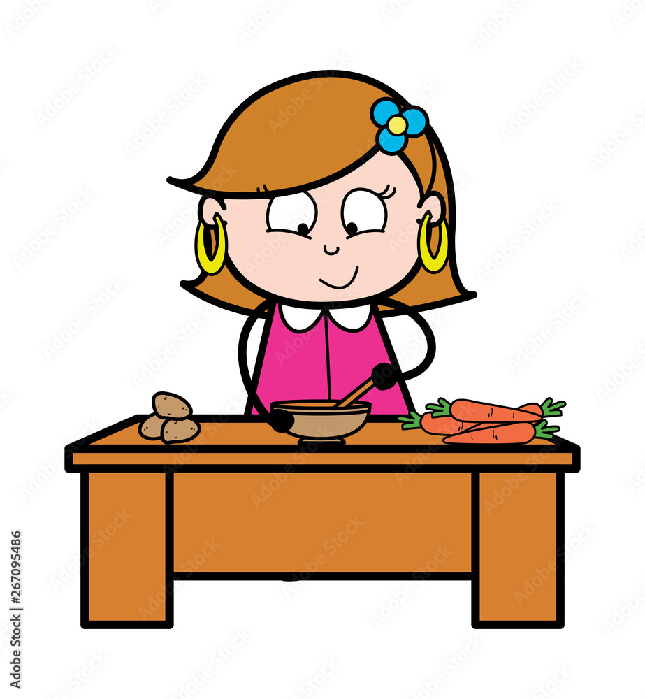 Preparing Food - Retro Cartoon Female Housewife Mom Vector Illustration