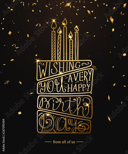 Happy Birthday greeting card design with gold lettering text and confetti. Vector birthday cake with candles on black background