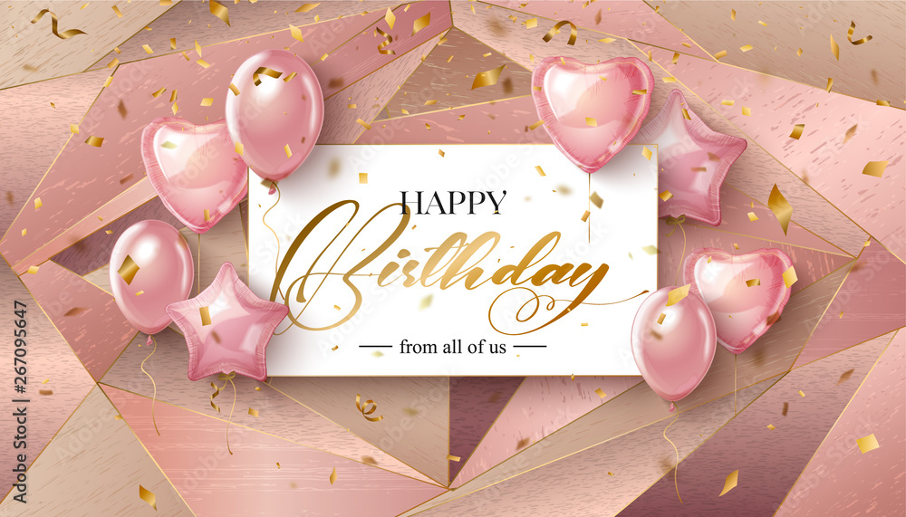 Vector happy birthday card template. Letteing text on pink gold ...
