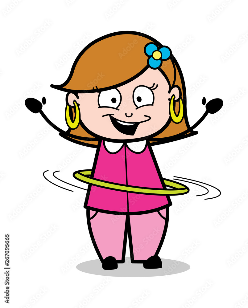 Playing with Hula-Hoop - Retro Cartoon Female Housewife Mom Vector Illustration Playing with Hula-Hoop - Retro Cartoon Female Housewife Mom Vector Illustration