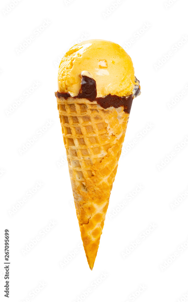 mango and chocolate flavor ice cream cone on white with clipping path mango and chocolate flavor ice cream cone on white with clipping path