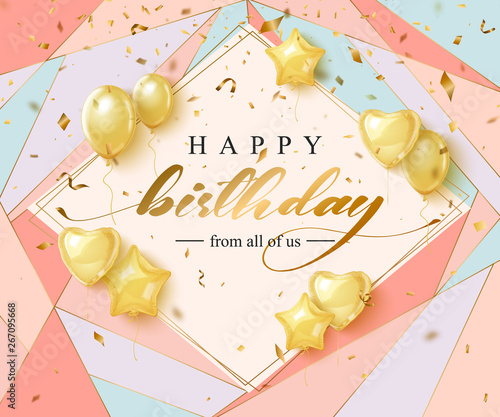 Happy Birthday celebration typography design for greeting card, poster or banner with realistic golden balloons and falling confetti. Vector illustration