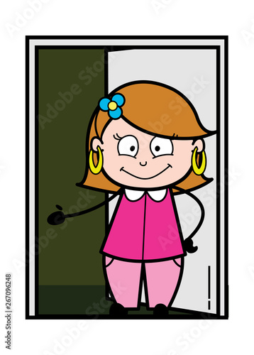 A Lady Presenting - Retro Cartoon Female Housewife Mom Vector Illustration