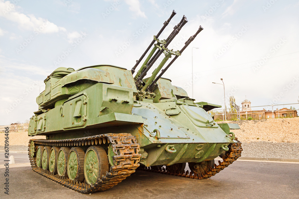 The antiaircraft Shilka self-propelled emplacement on the embankment to Volgograd The antiaircraft Shilka self-propelled emplacement on the embankment to Volgograd