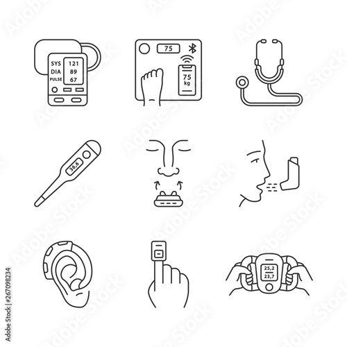 Medical devices linear icons set