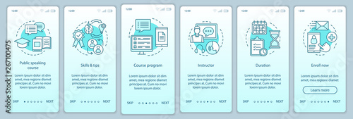 Public speaking skill course onboarding mobile app page screen vector template