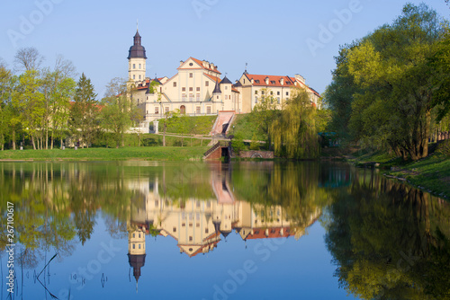 View of the Nesvizh Castle on a sunny April morning. Belarus