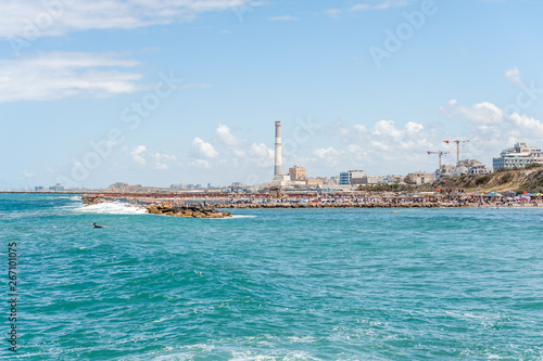 View of Hilton beach and in the back Namal Tel Aviv harbour, Tel Aviv, Israel © michael_jacobs