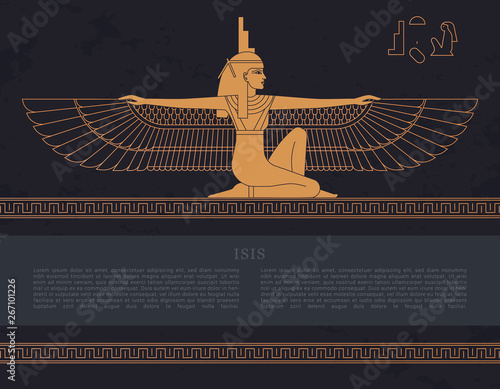Vector design template Egyptian fertility goddess Isis isolated on the hand-drawn background from Egyptian pyramids, a symbol of femininity and marital fidelity, goddess of navigation. photo