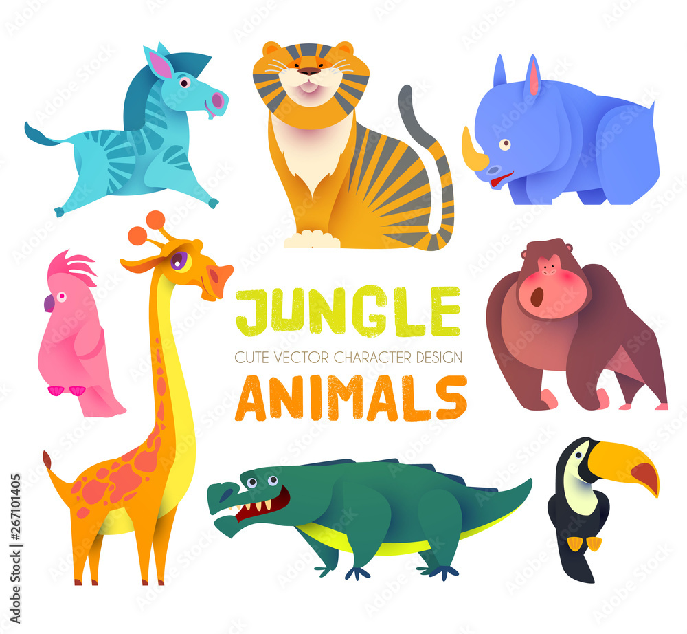 Naklejka premium Cute Jungle Animals Set. Exptic Wild Collection.