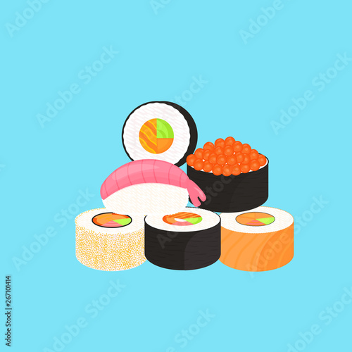 Sushi Set. Rolls with caviar of red fish, nigiri with shrimp. Traditional japanese food.