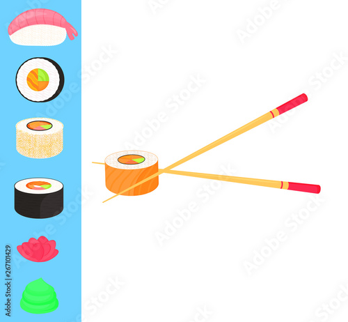 Sushi Set. Rolls with caviar of red fish, nigiri with shrimp. Traditional japanese food. Chopsticks, ginger, wasabi