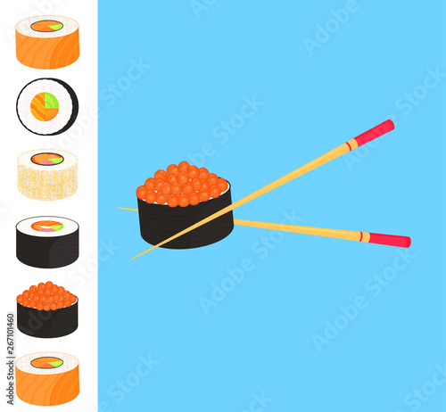 Sushi Set. Rolls with caviar of red fish. Traditional japanese food. Chopsticks.