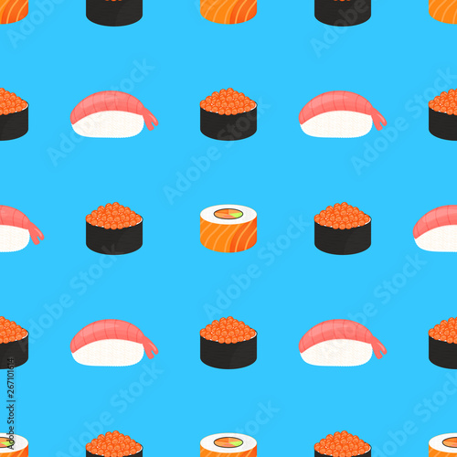 Sushi Set. Rolls with caviar of red fish, with salmon. Sushi nigiri with shrimp. Traditional japanese food. Seamless pattern
