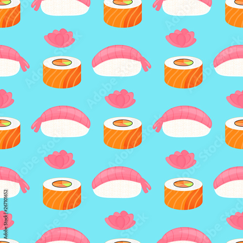 Sushi nigiri with shrimp, roll with salmon and ginger. Traditional japanese food. Seamless pattern.