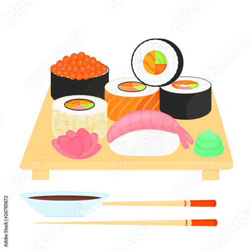 Sushi Set. Rolls with caviar of red fish, with salmon, nigiri with shrimp. Traditional japanese food. Soy sauce, ginger, wasabi, chopsticks, plate.