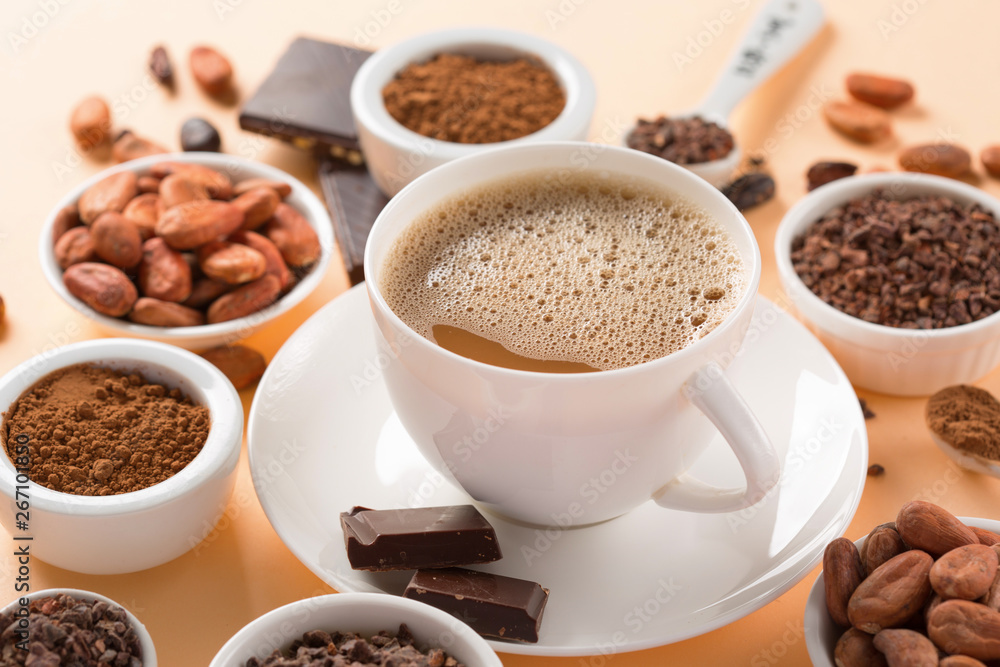 Natural cocoa beans and hot chocolate Natural cocoa beans and hot chocolate
