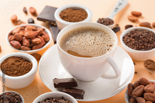 Natural cocoa beans and hot chocolate