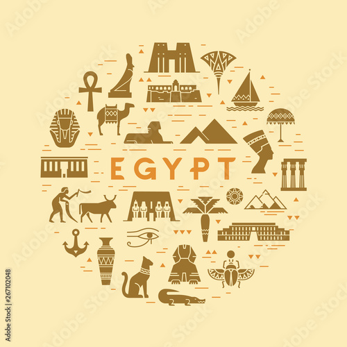 Vector circular concept of icons on the theme of sights and symbols of Egypt with space for text. All icons are isolated on the background and drawn with a flat style.