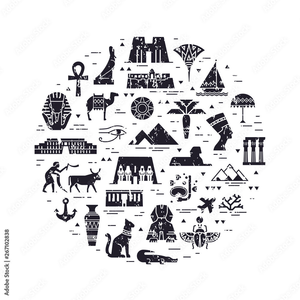 Fototapeta premium Monochrome circular design pattern of filled icons on the theme of sights and symbols of Egypt. Sights and symbols of Egypt in flat style isolated in white background.