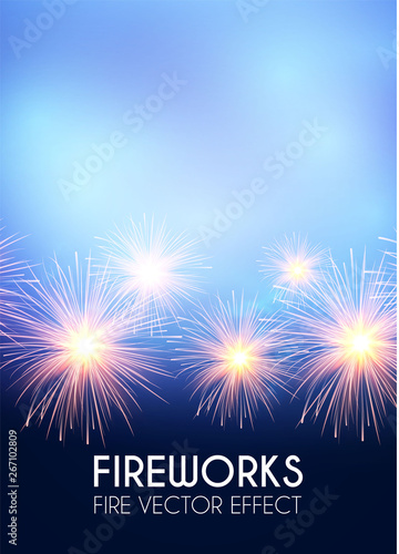Gold Shining Fireworks in Soft Blue Sky. Congradulations and Win.
