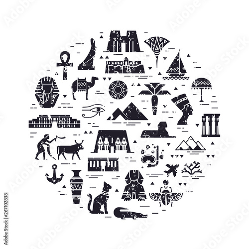 Monochrome circular design pattern of filled icons on the theme of sights and symbols of Egypt. Sights and symbols of Egypt in flat style isolated in white background.