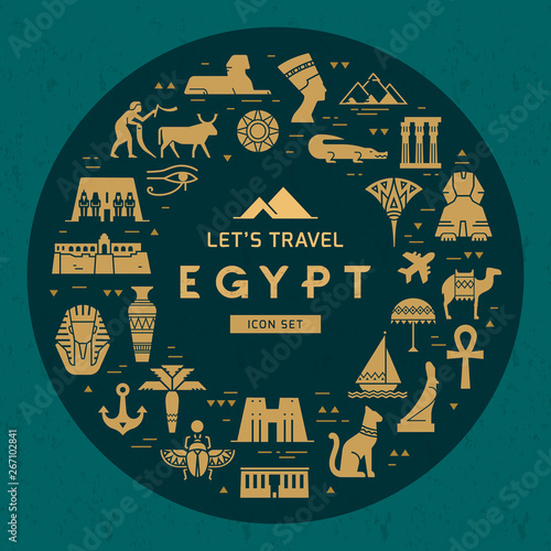 Circular design pattern of filled icons on the theme of sights and symbols of Egypt with place for text. Sights and symbols of Egypt.