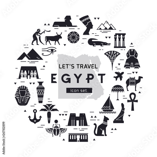 Black and white circular design pattern of filled icons on the theme of sights and symbols of Egypt with place for text. Sights and symbols of Egypt.