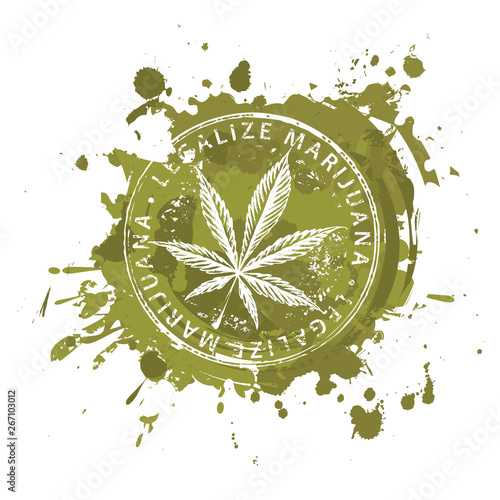Vector banner for legalize marijuana with hemp leaf on abstract background in form of spots and splashes in grunge style. Natural product made from organic hemp. Smoking weed. Medical cannabis logo