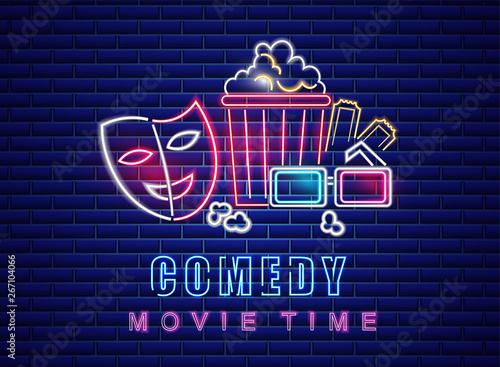 Comedy movie neon symbol Vector. Glowing sign dark background. Shinning billb...