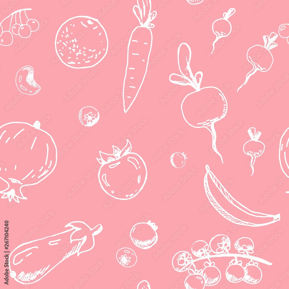 Vegan background design. Seamless pattern. Plants and food