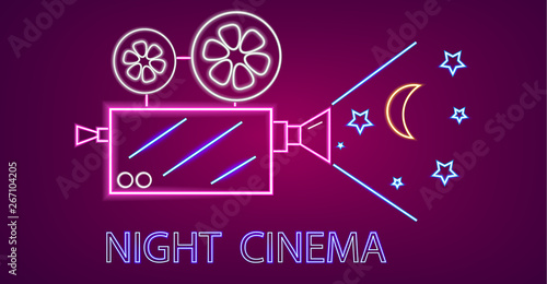 Cinema camera neon symbols Vector. Glowing sign dark background. Shinning billboard templates