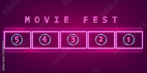 Movie film neon sign Vector. Glowing billboard dark background. Shinning templates cinema festival symbols
