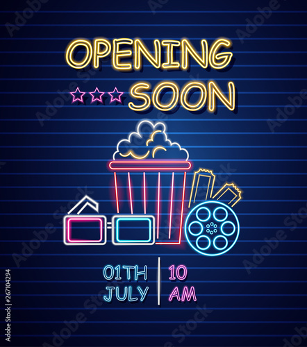 Cinema opening neon sign Vector. Glowing billboard dark background. Shinning ...