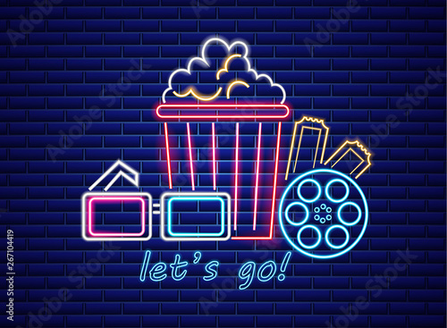 Popcorn and glasses neon style Vector. Glowing sign dark background. Shinning...