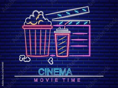 Popcorn, soda and movie cinema neon style Vector. Glowing sign dark backgroun...