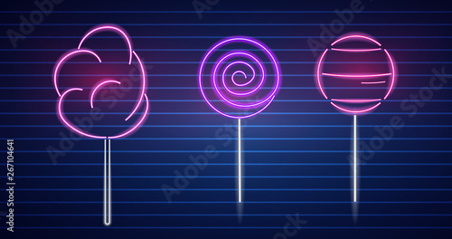 Sweet desserts neon symbols Vector. Glowing sign dark background. Shinning billboard or menu templates