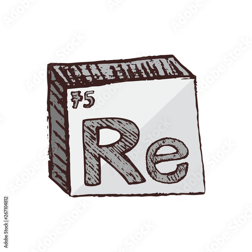 Vector three-dimensional hand drawn chemical silver-gray symbol of rare metal rhenium with an abbreviation Re from the periodic table of the elements isolated on a white background.