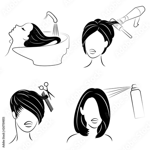 Collection. Lady in a beauty salon. The girl does her hair. A woman washes her hair, cuts her hair, dries a hair dryer, varnishes. Set of vector illustrations