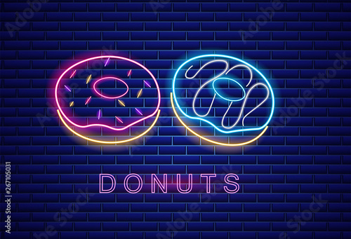 Donuts neon symbols Vector. Glowing sign dark background. Shinning billboard ...