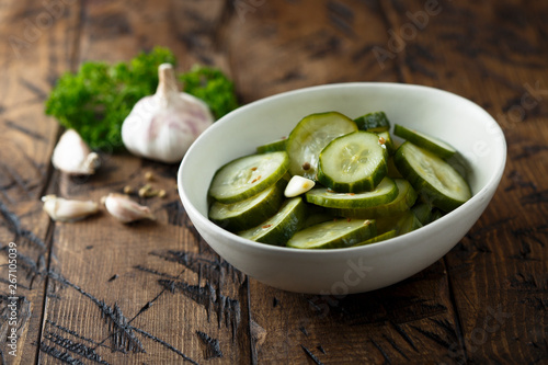 Homemade pickled cucumbers with garlic