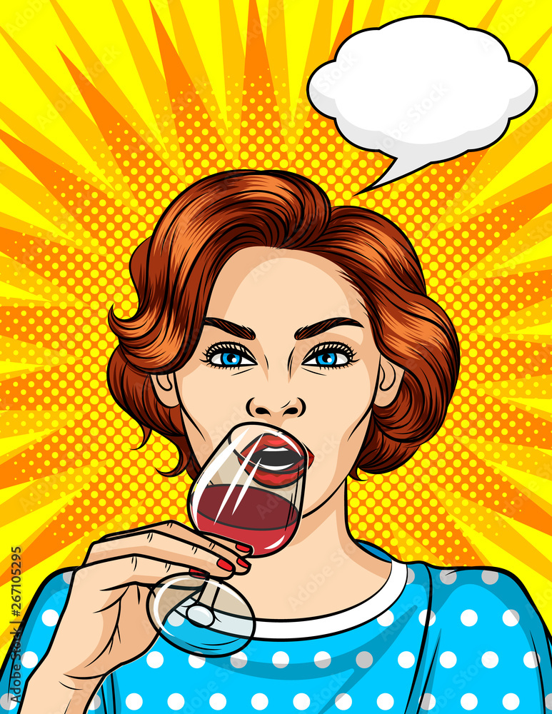 Vecteur Stock Color vector in the style of comic pop art illustration of a  girl with a glass of red wine. Beautiful woman drinking alcohol.  Brown-haired girl with blue eyes and a