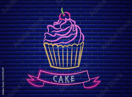 Sweet cupcake neon symbols Vector. Glowing sign dark background. Shinning billboard or menu templates